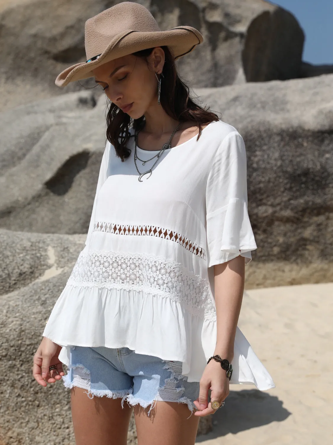 TEEK - White Lace Detail Round Neck Half Sleeve Blouse