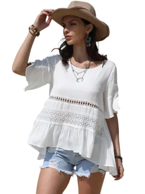 TEEK - White Lace Detail Round Neck Half Sleeve Blouse