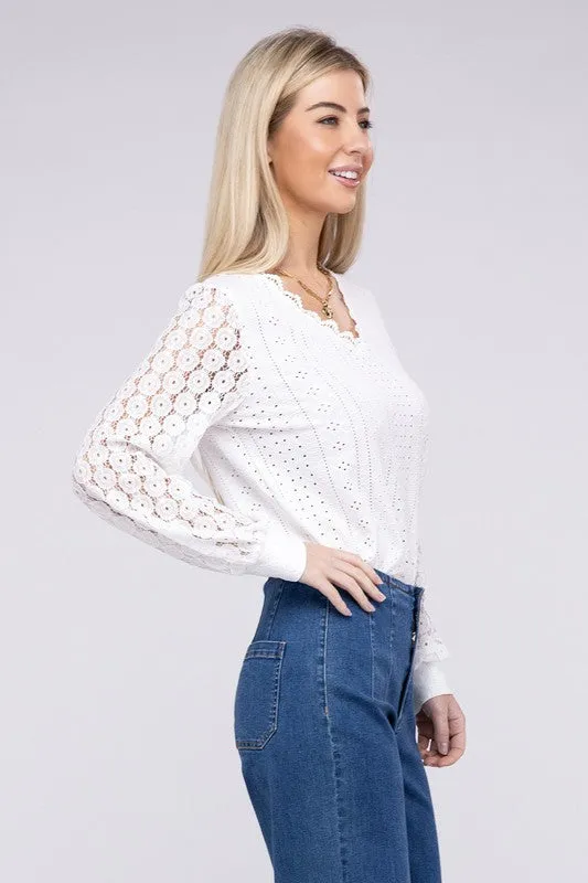 TEEK - White V-Neck Lace Trim Top