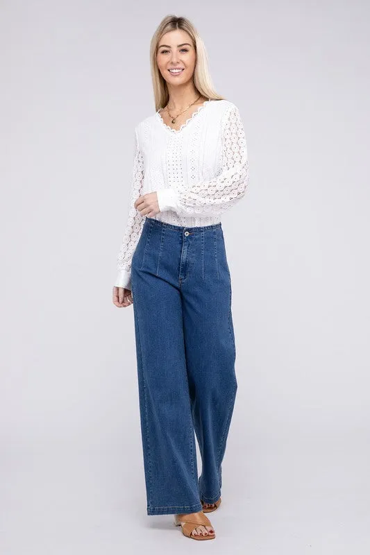 TEEK - White V-Neck Lace Trim Top