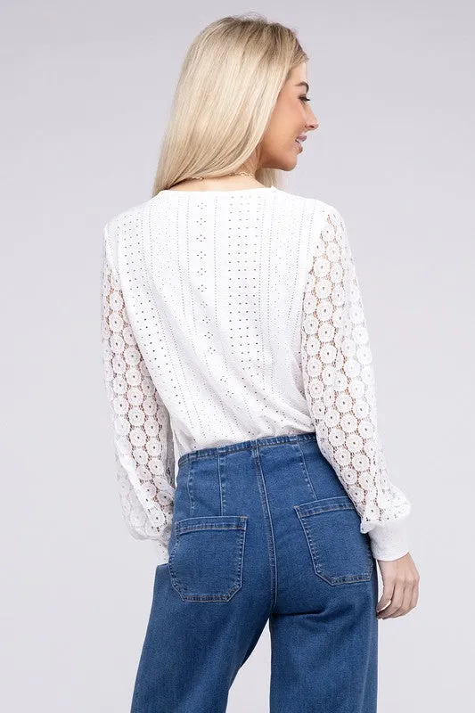 TEEK - White V-Neck Lace Trim Top