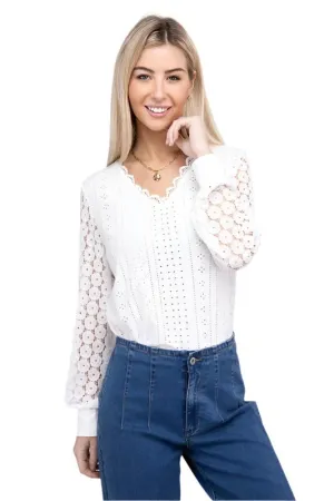 TEEK - White V-Neck Lace Trim Top
