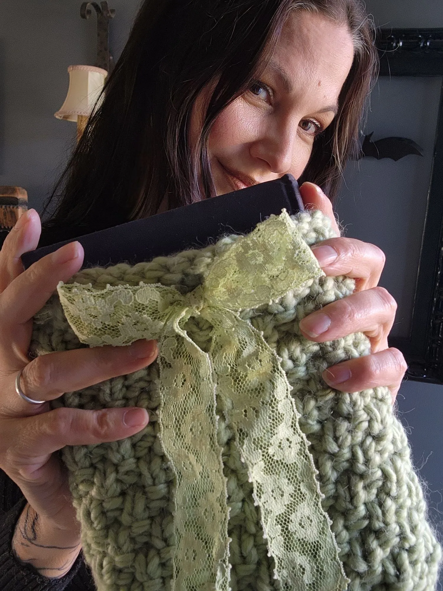 The Psion Apple Hand Knit Book Pouch or Cover in Chunky Pale Green Yarn