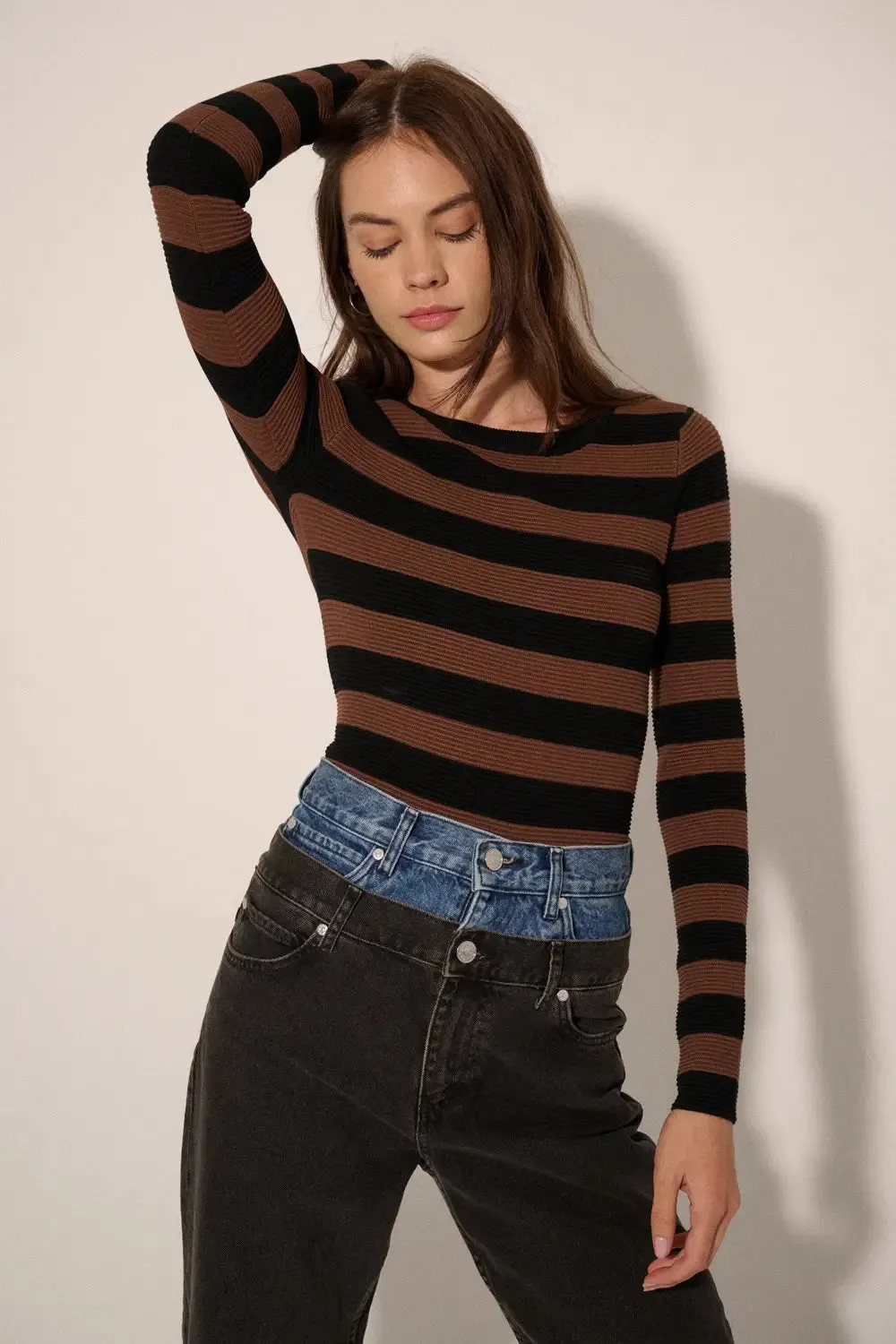 The Shaper Fit Striped Rib Long-Sleeve Top - Chocolate