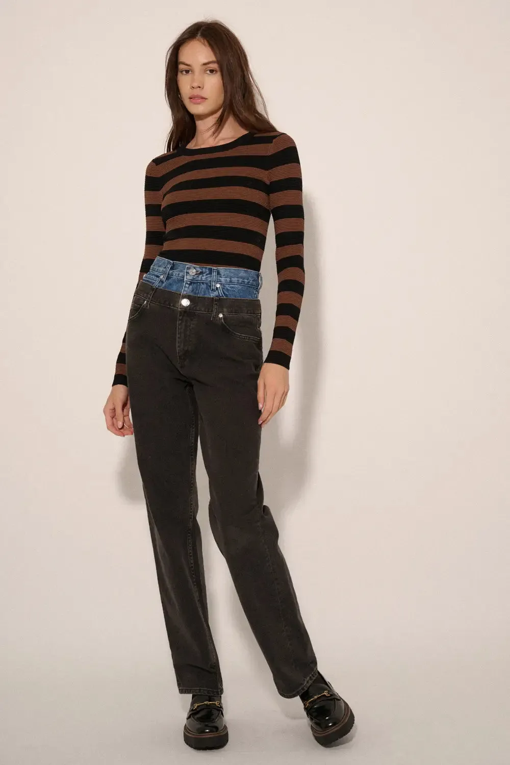 The Shaper Fit Striped Rib Long-Sleeve Top - Chocolate