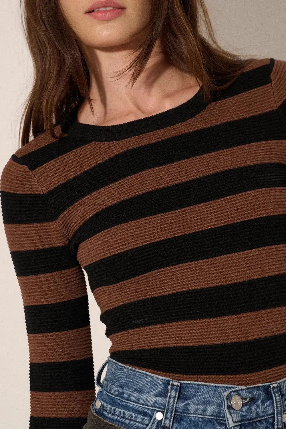 The Shaper Fit Striped Rib Long-Sleeve Top - Chocolate