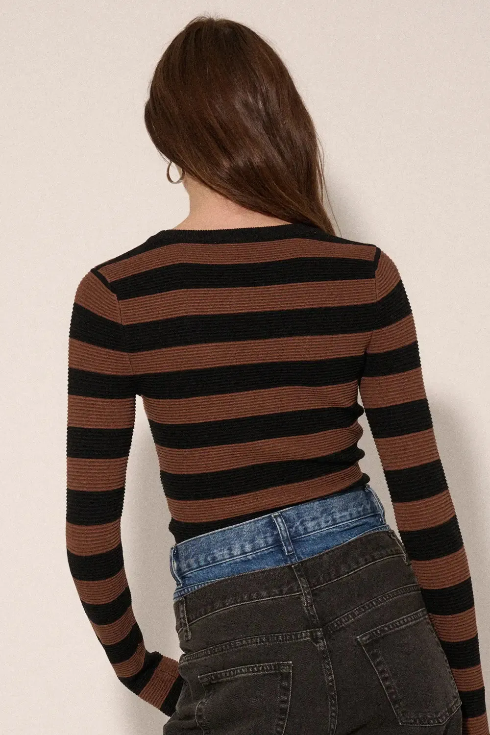 The Shaper Fit Striped Rib Long-Sleeve Top - Chocolate