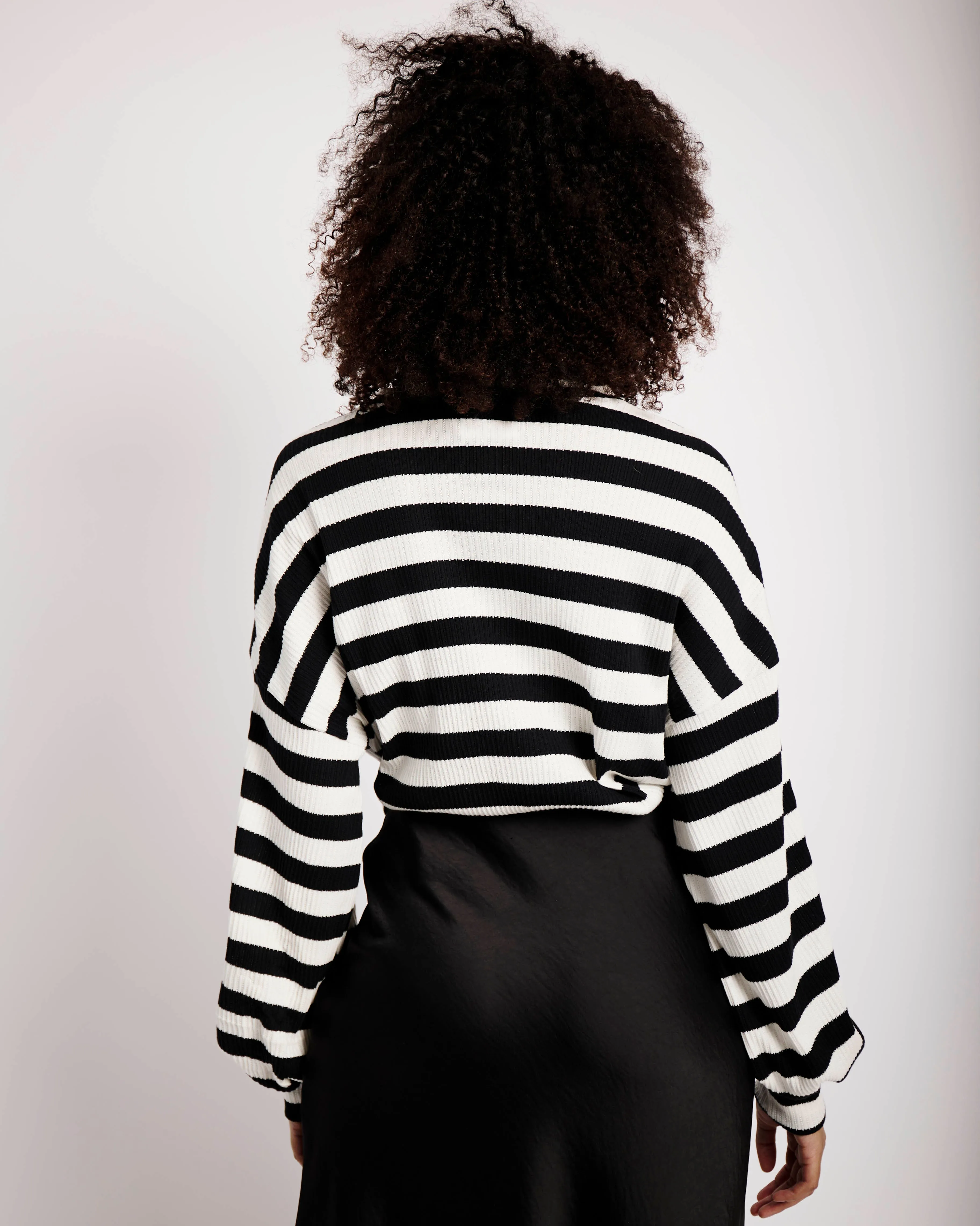 The Slouchy Rib Knit Top in Black and Cream Stripe