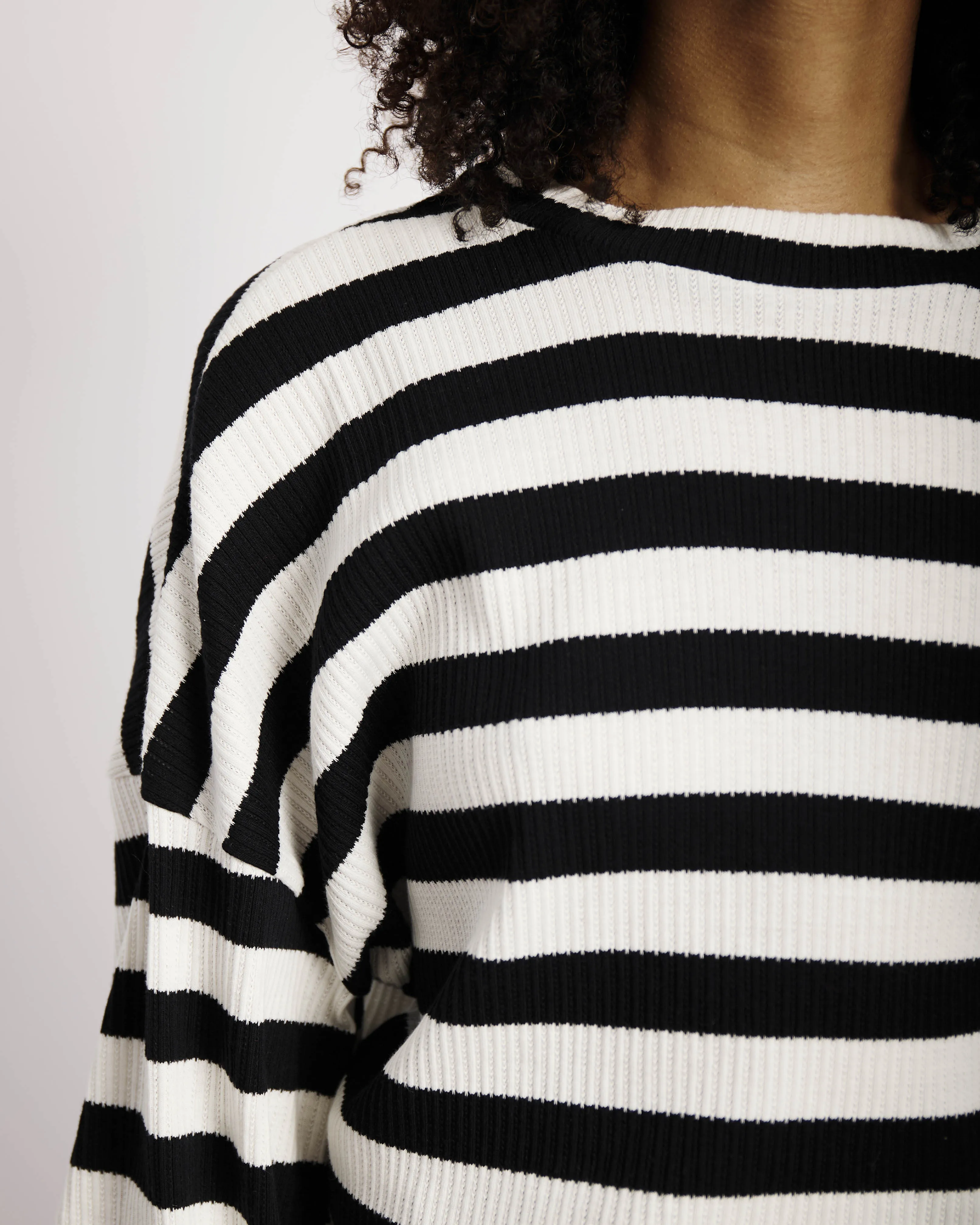 The Slouchy Rib Knit Top in Black and Cream Stripe