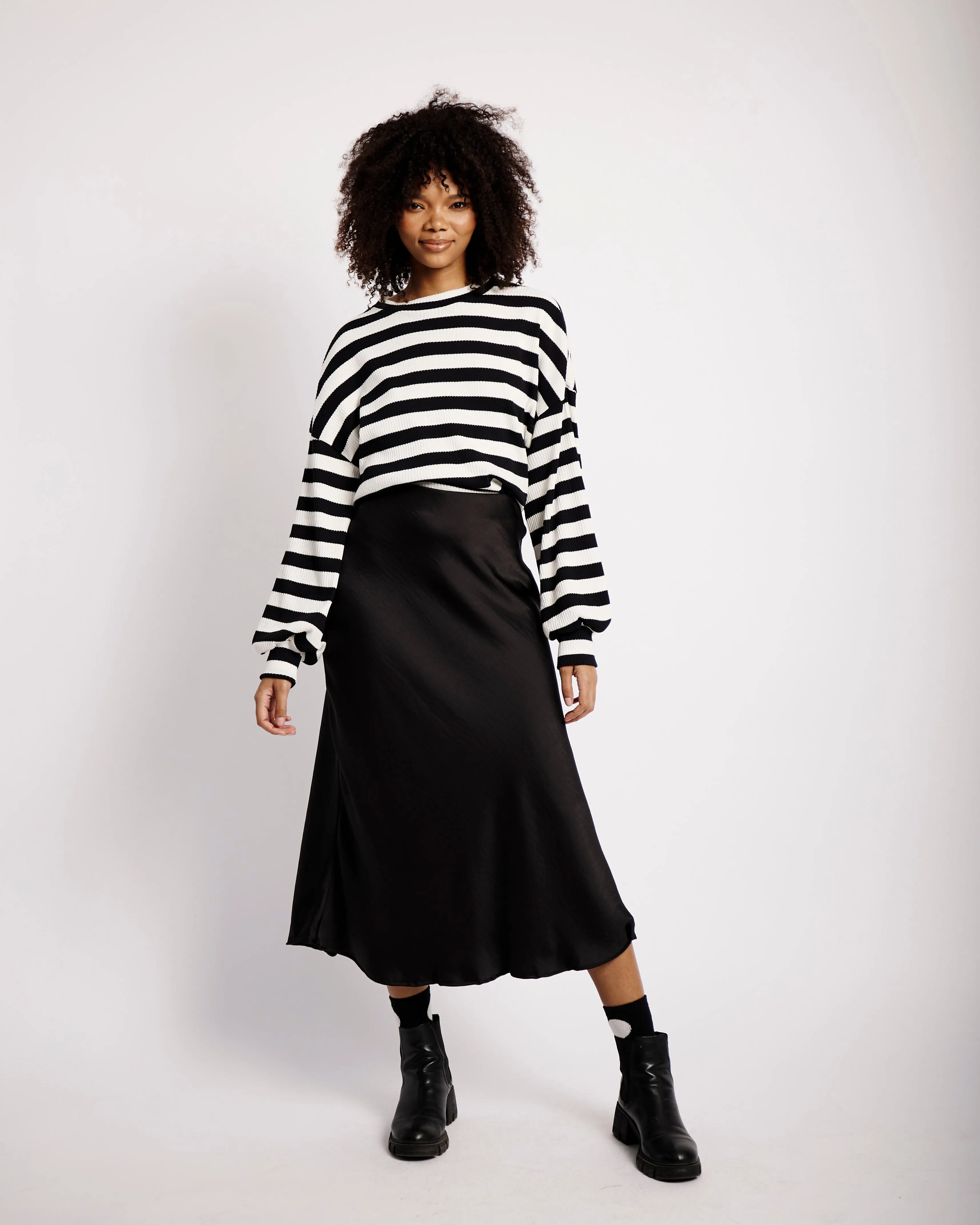 The Slouchy Rib Knit Top in Black and Cream Stripe