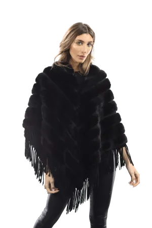 Tonal Ribbed Mink Poncho with Leather Fringes - Black
