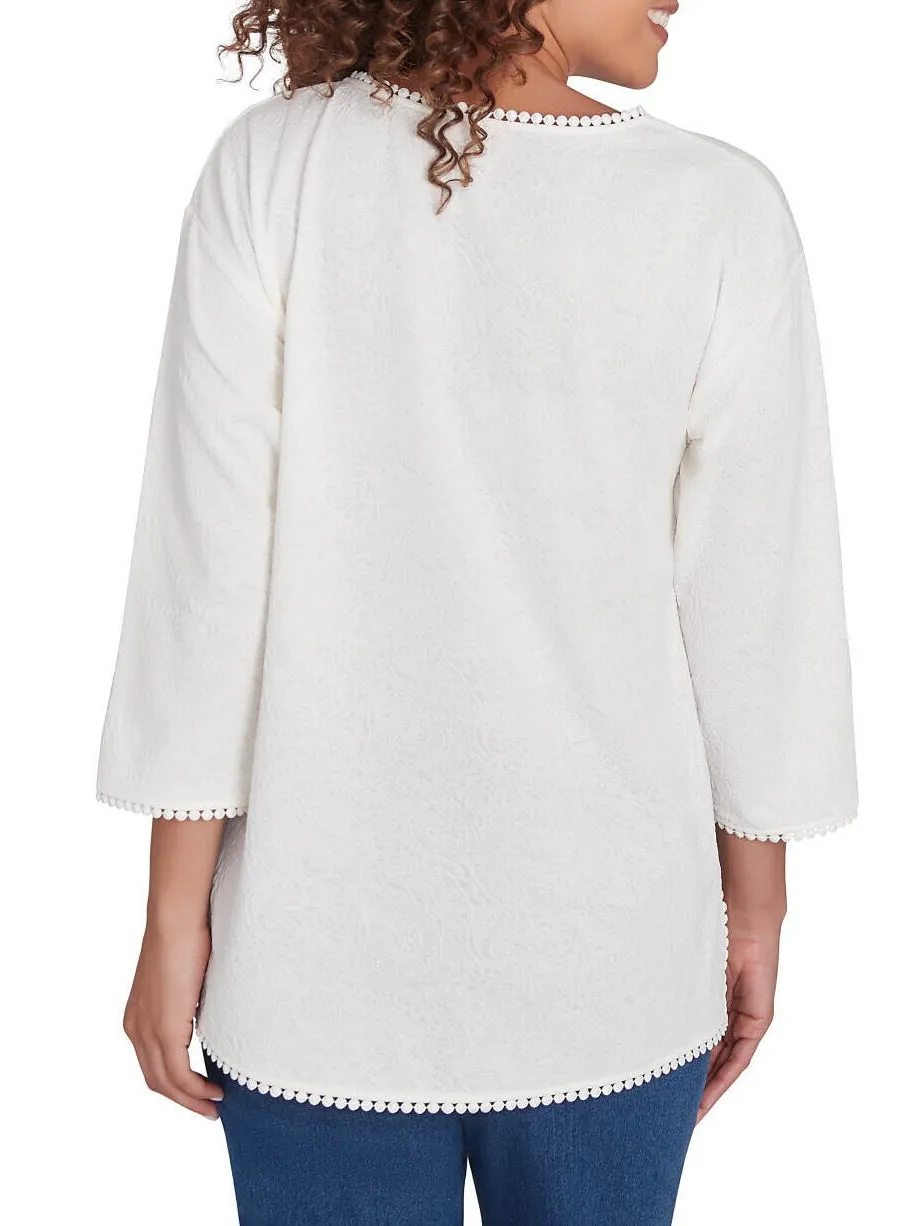 Trimmed and Textured Scoop Neck Top - Cream