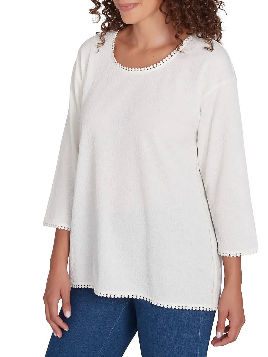 Trimmed and Textured Scoop Neck Top - Cream