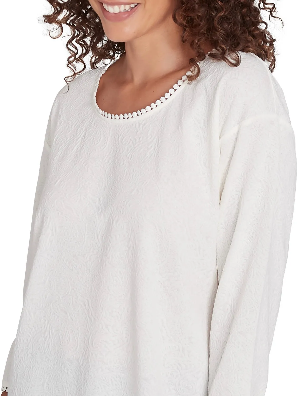 Trimmed and Textured Scoop Neck Top - Cream