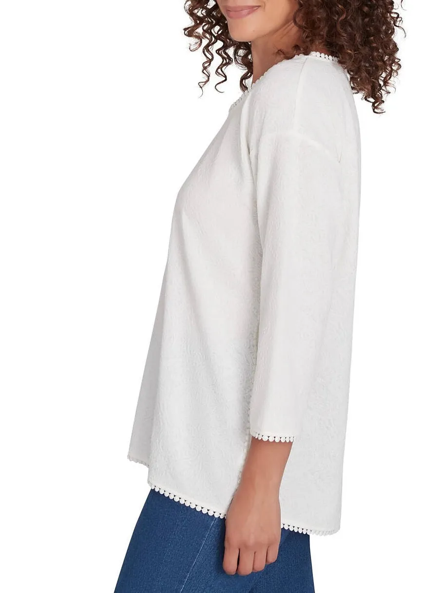 Trimmed and Textured Scoop Neck Top - Cream