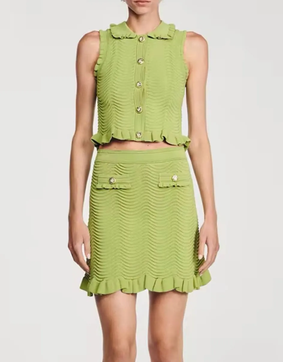 Two Piece Short Skirt And Collared Top Knit Set