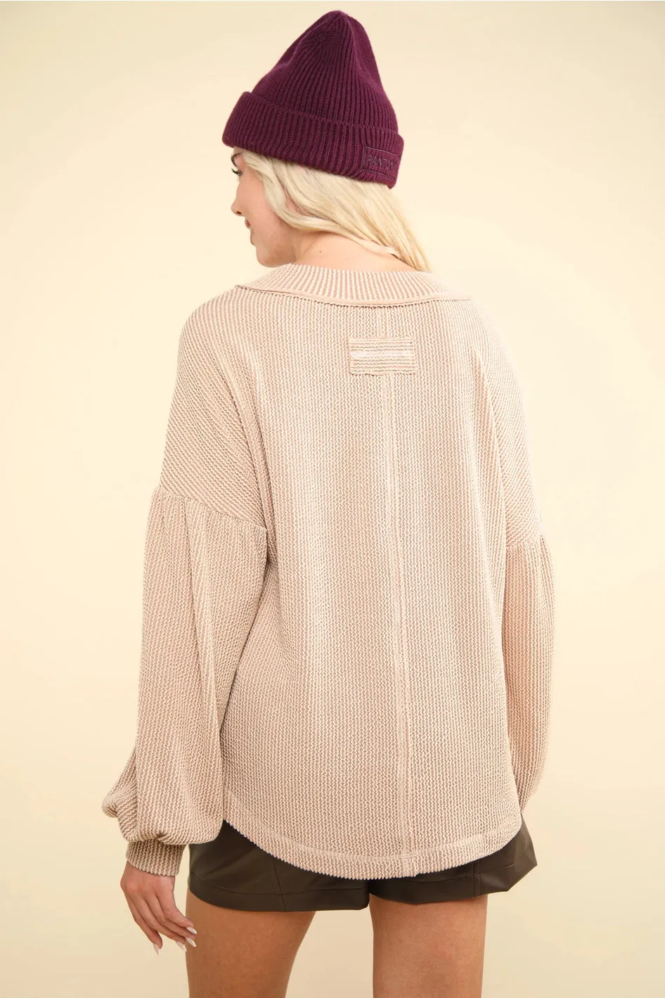 Two Tone Ribbed V-Neck Oversized Top