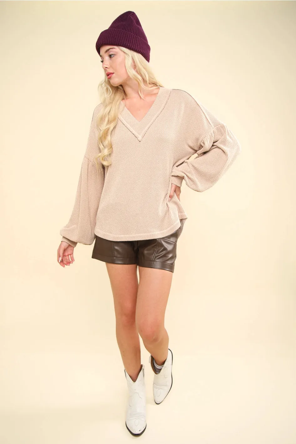Two Tone Ribbed V-Neck Oversized Top