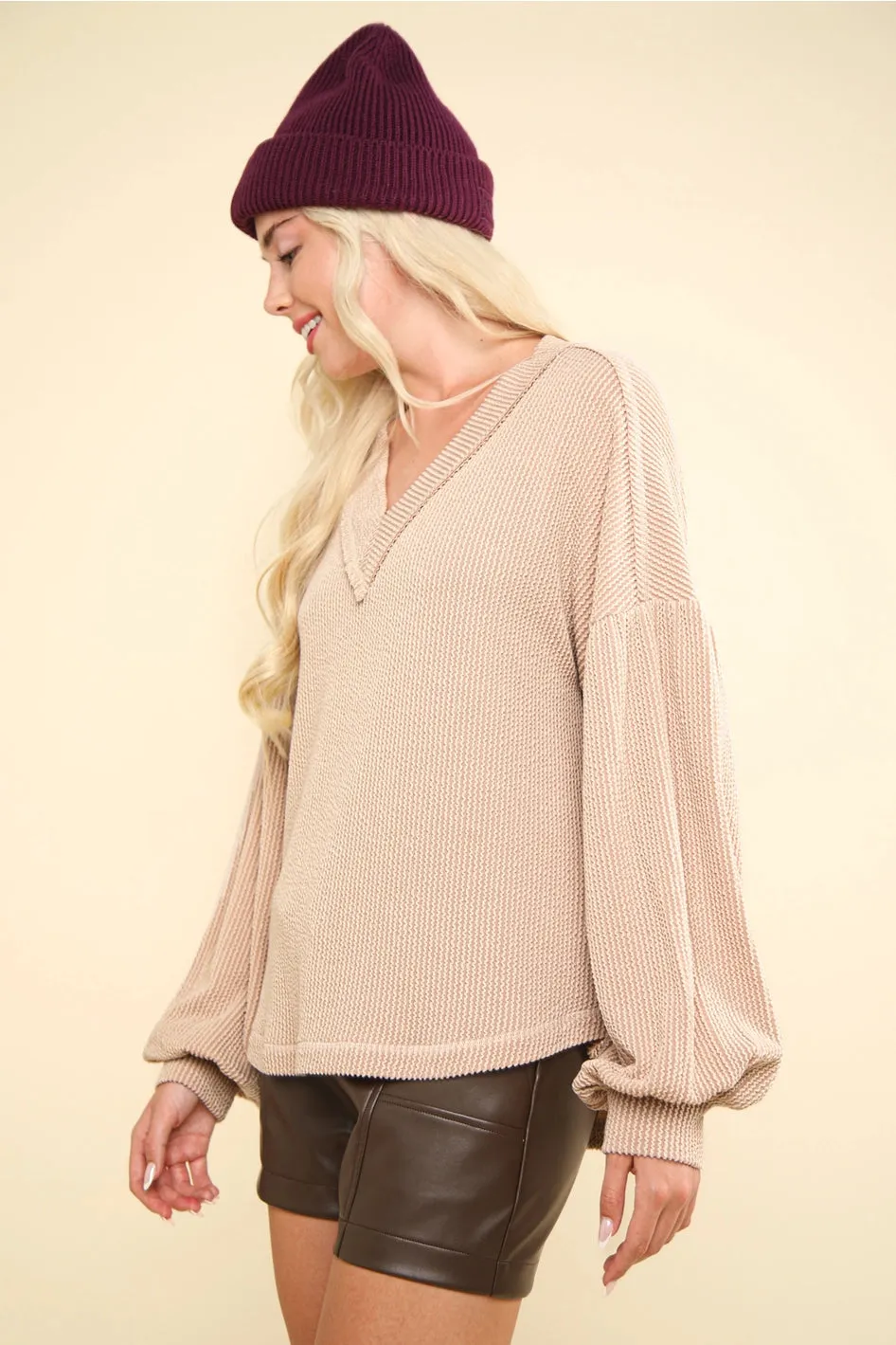 Two Tone Ribbed V-Neck Oversized Top