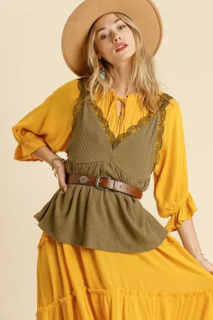 Umgee Sleeveless Top with Crochet Details in Olive-FINAL SALE