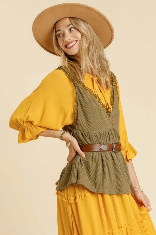 Umgee Sleeveless Top with Crochet Details in Olive-FINAL SALE
