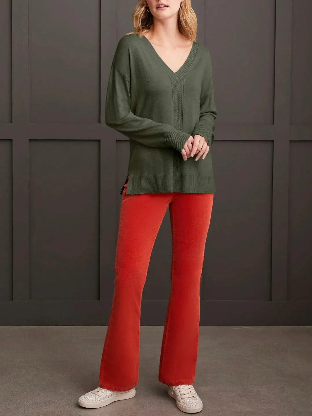 V-Neck Cable Detail Sweater - Spinach