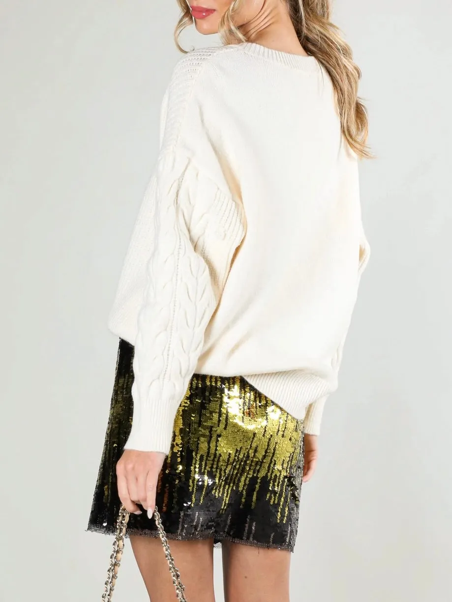 V-Neck Cable Sweater - Vanilla