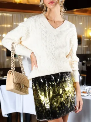 V-Neck Cable Sweater - Vanilla