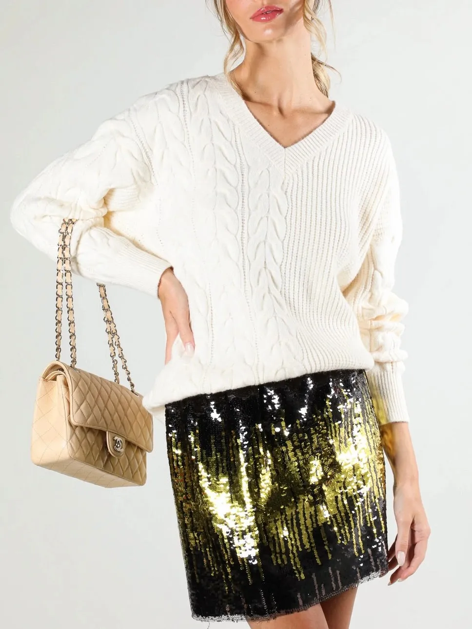 V-Neck Cable Sweater - Vanilla