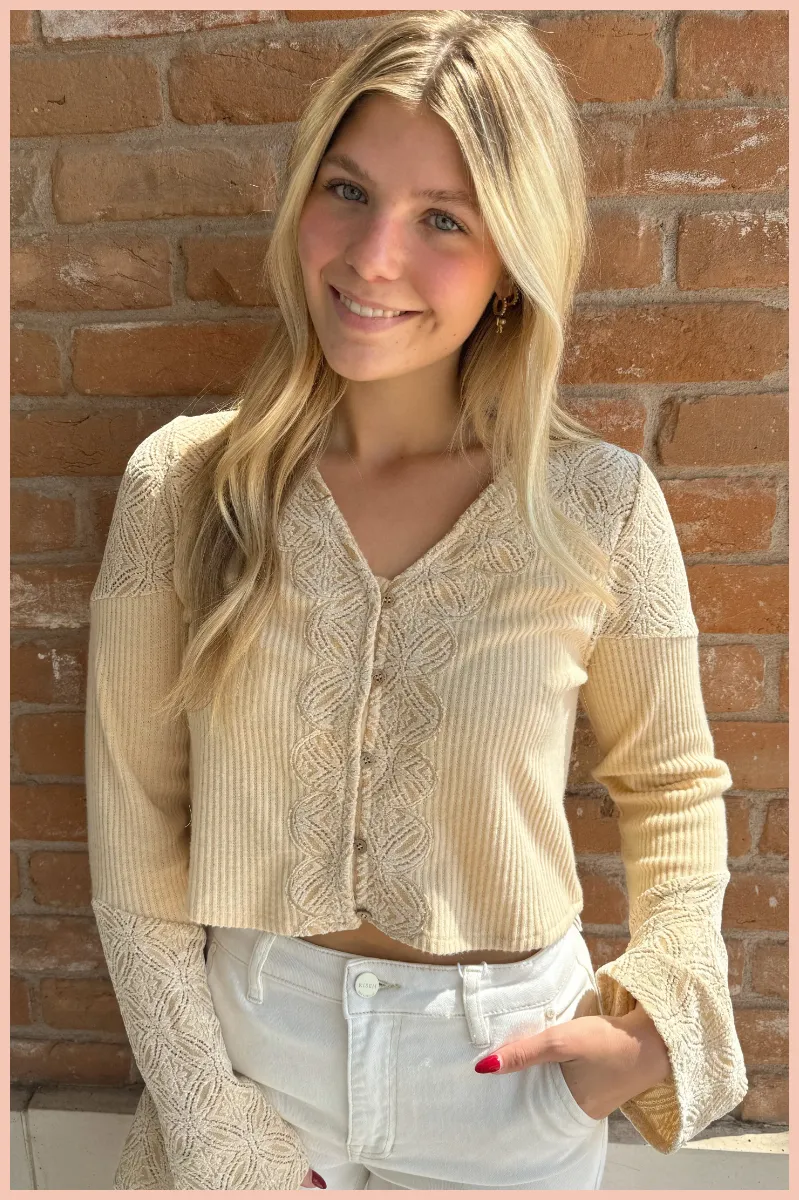 V-Neck Lace Detail Button Down Knit Top