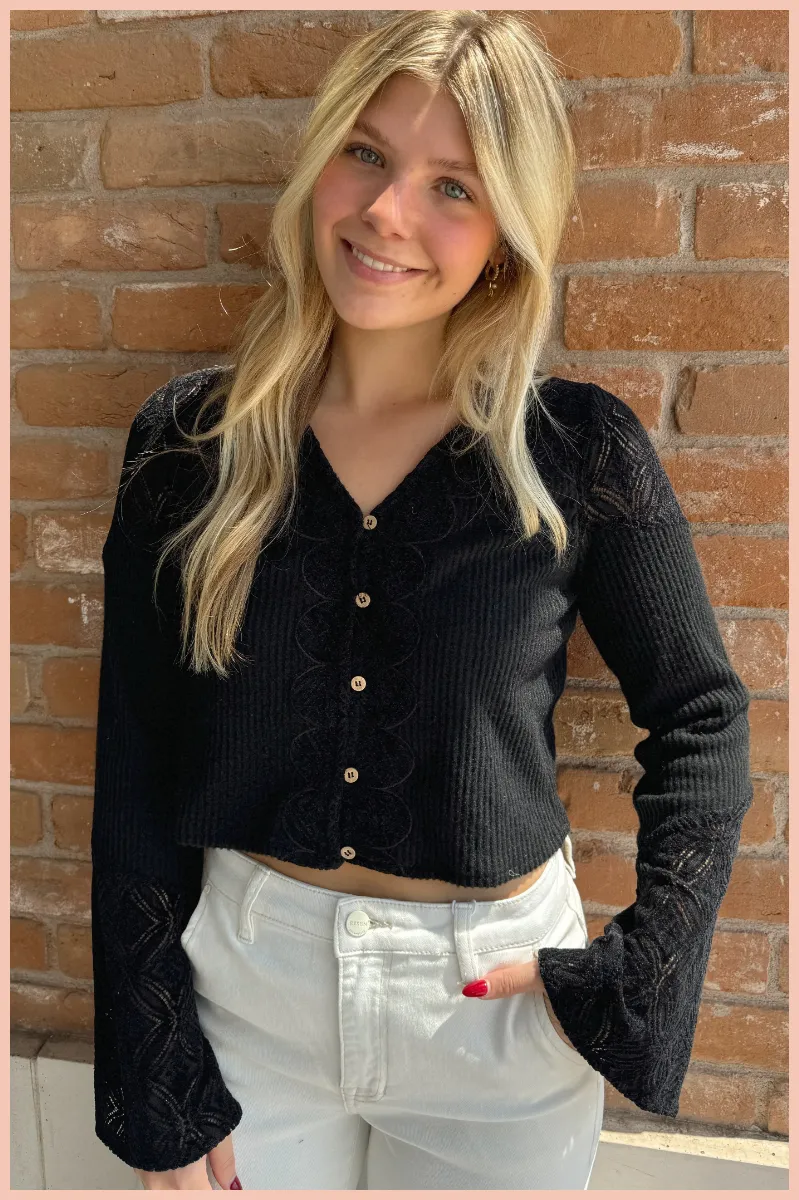 V-Neck Lace Detail Button Down Knit Top