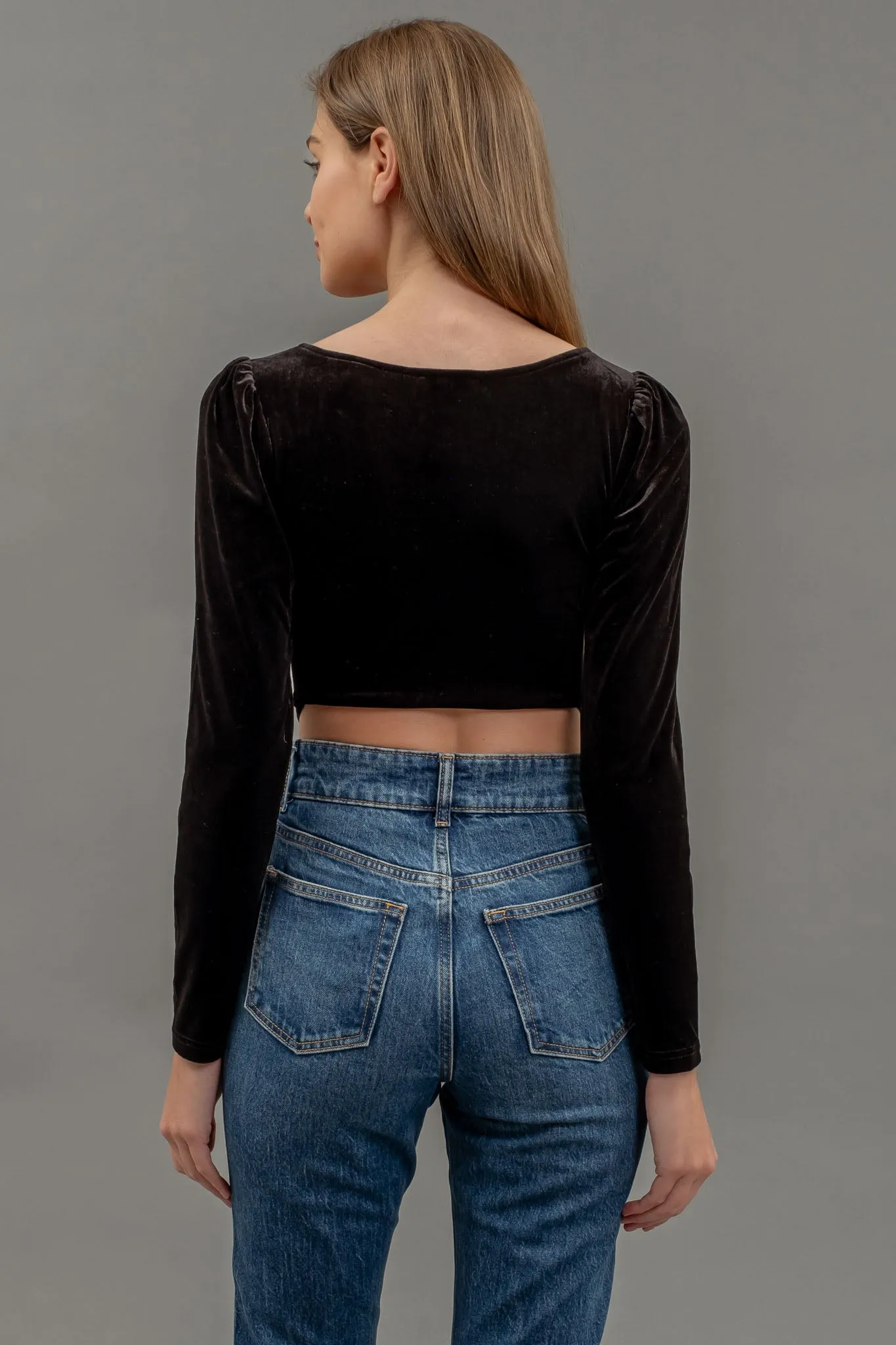VELVET SQUARE NECK LONG SLEEVE CORSET CROP TOP