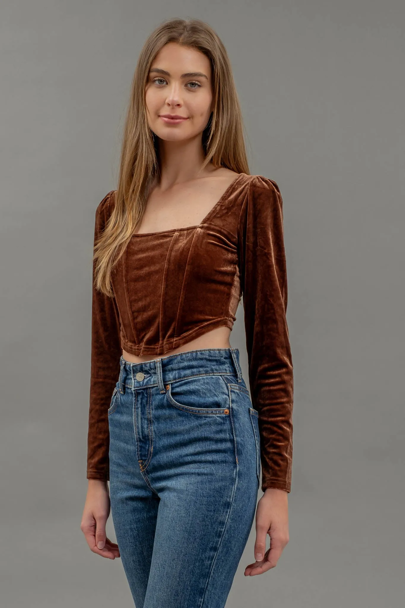 VELVET SQUARE NECK LONG SLEEVE CORSET CROP TOP