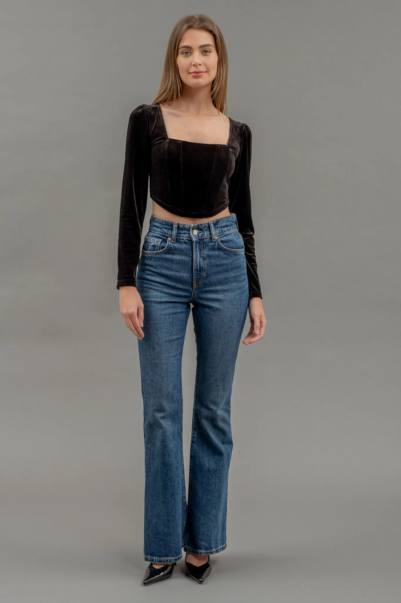 VELVET SQUARE NECK LONG SLEEVE CORSET CROP TOP