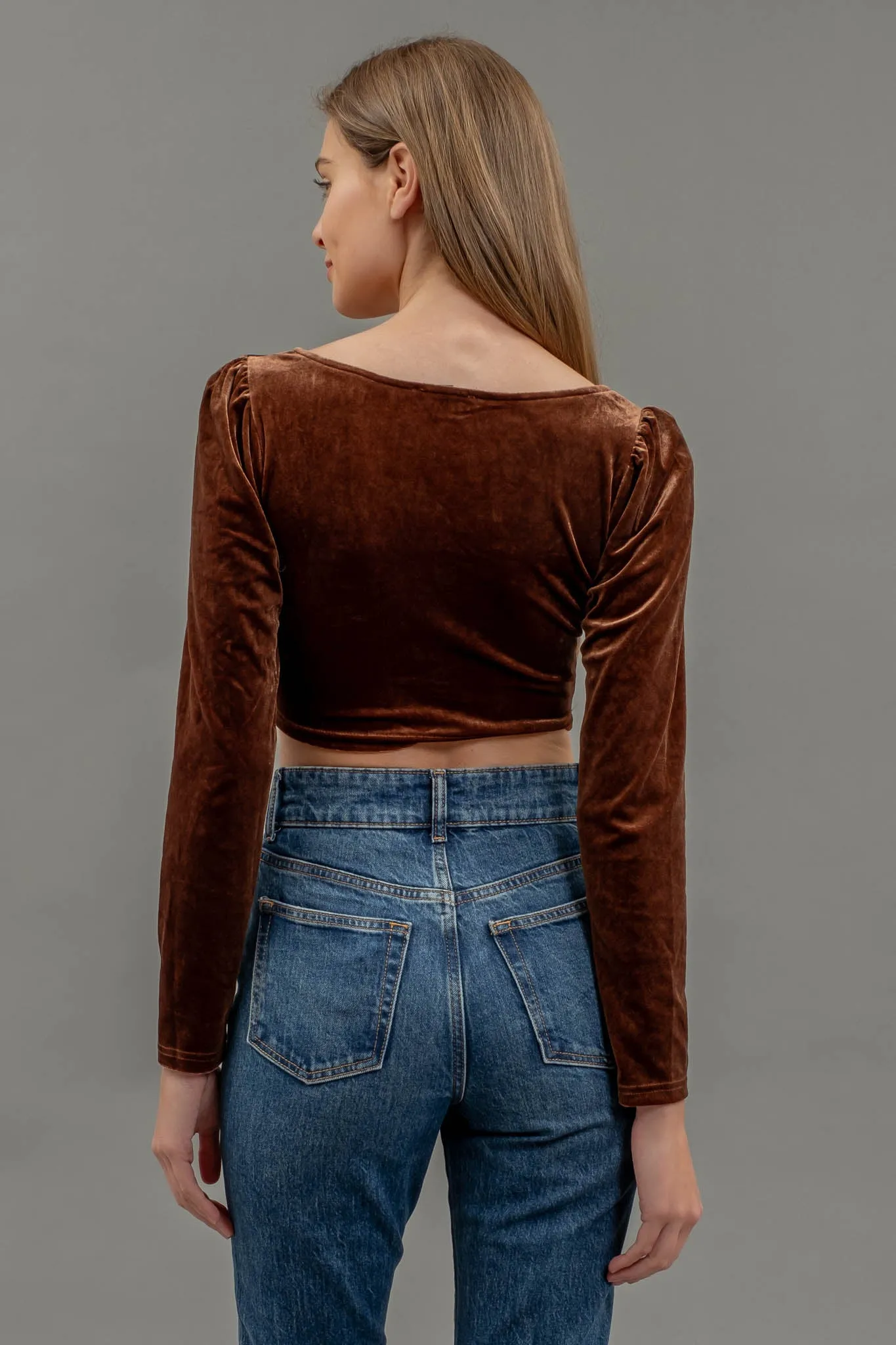 VELVET SQUARE NECK LONG SLEEVE CORSET CROP TOP