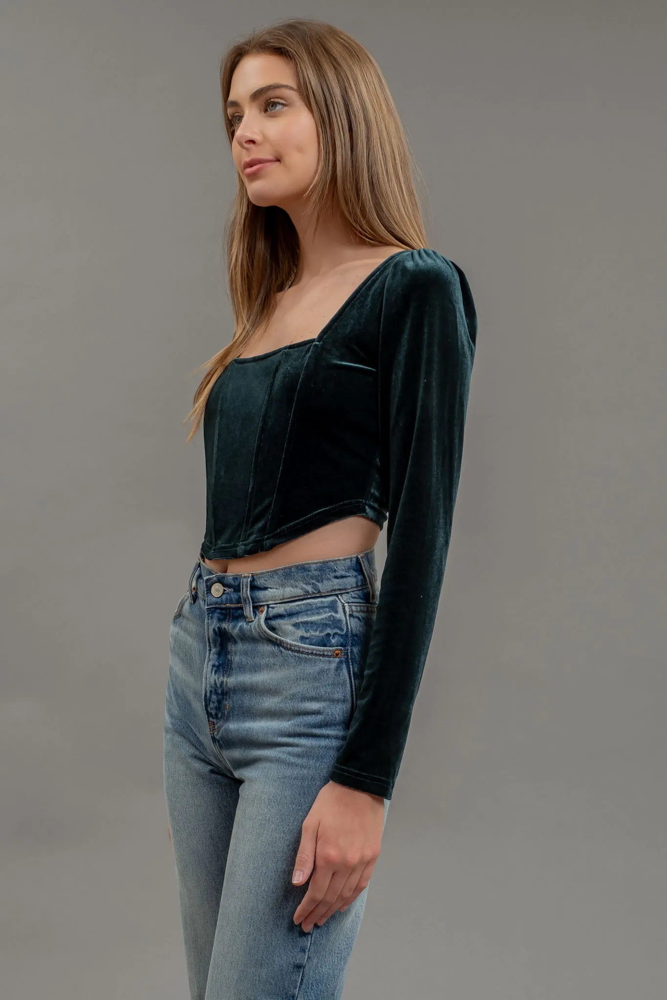 VELVET SQUARE NECK LONG SLEEVE CORSET CROP TOP