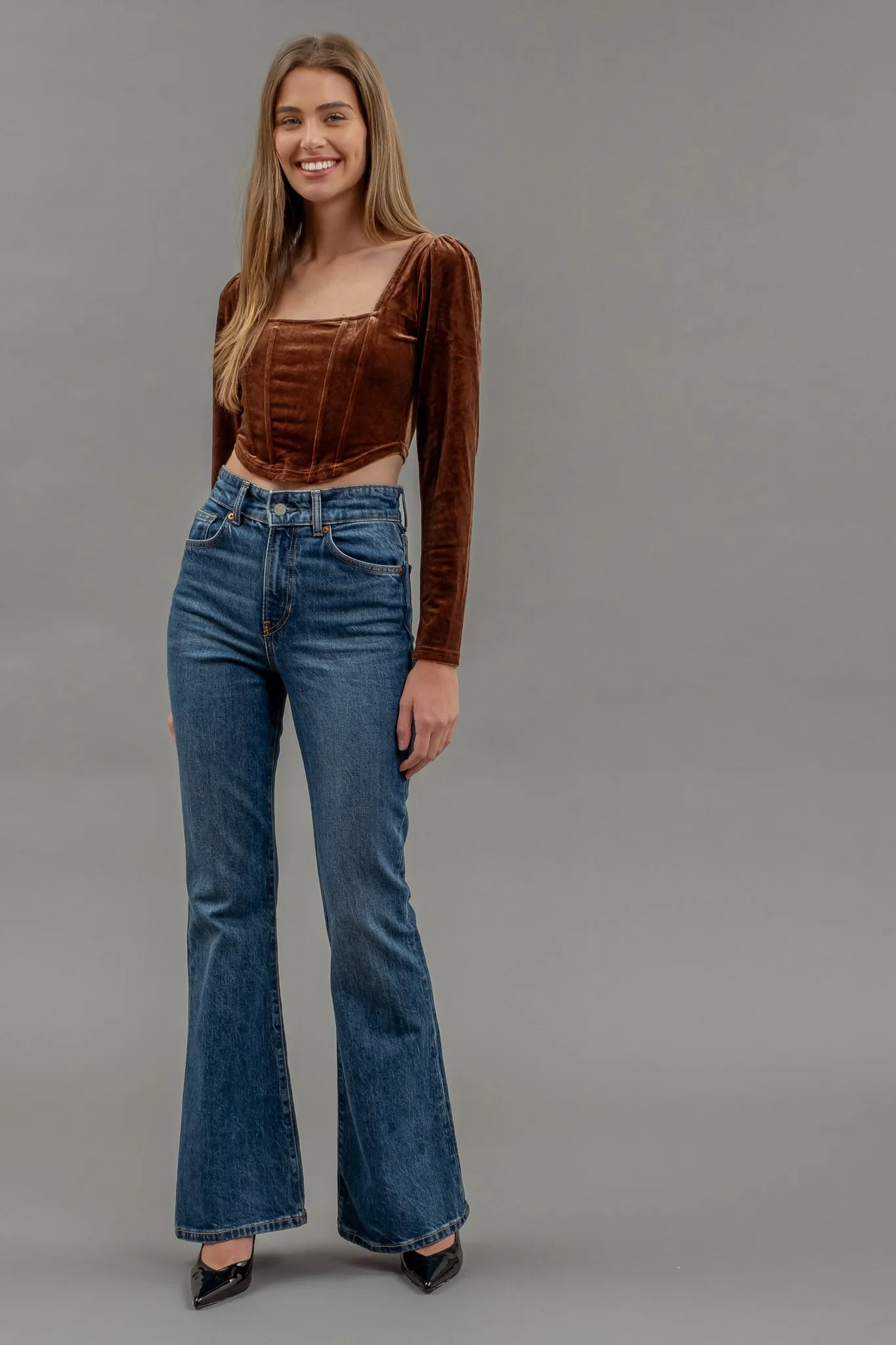 VELVET SQUARE NECK LONG SLEEVE CORSET CROP TOP