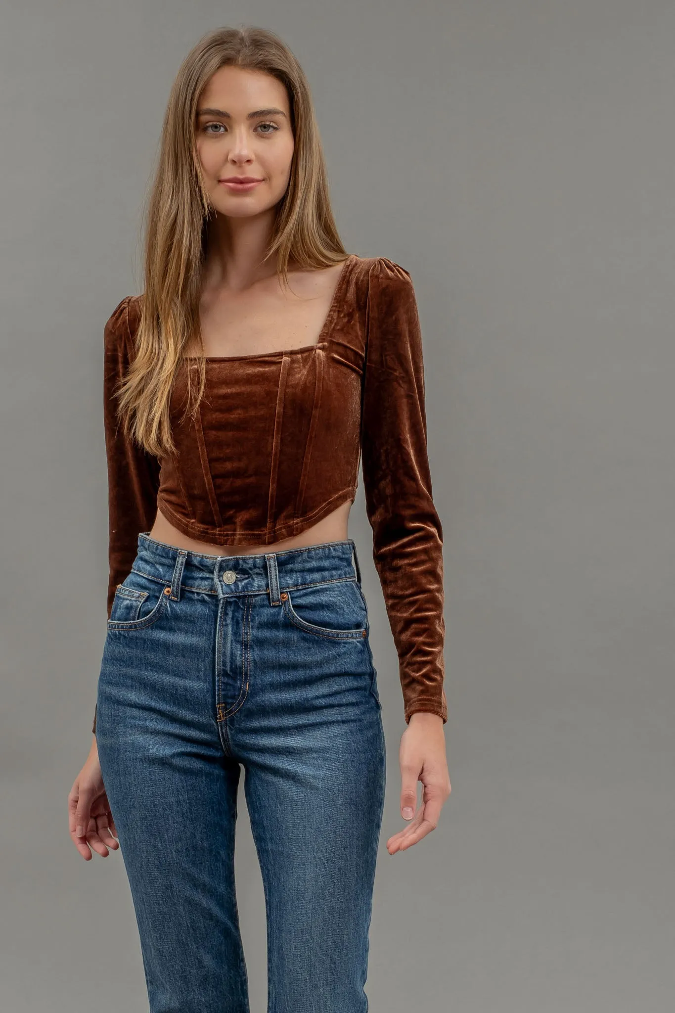 VELVET SQUARE NECK LONG SLEEVE CORSET CROP TOP