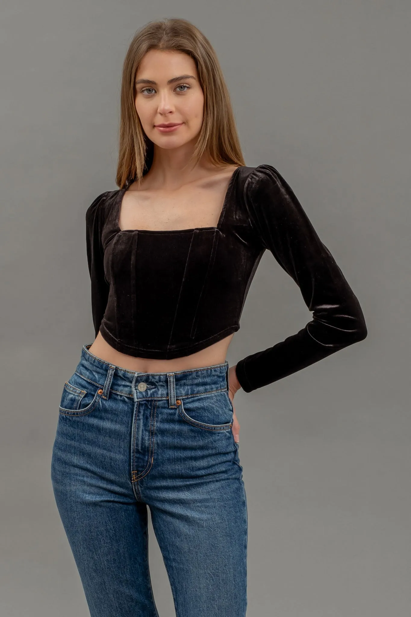 VELVET SQUARE NECK LONG SLEEVE CORSET CROP TOP