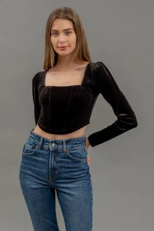 VELVET SQUARE NECK LONG SLEEVE CORSET CROP TOP