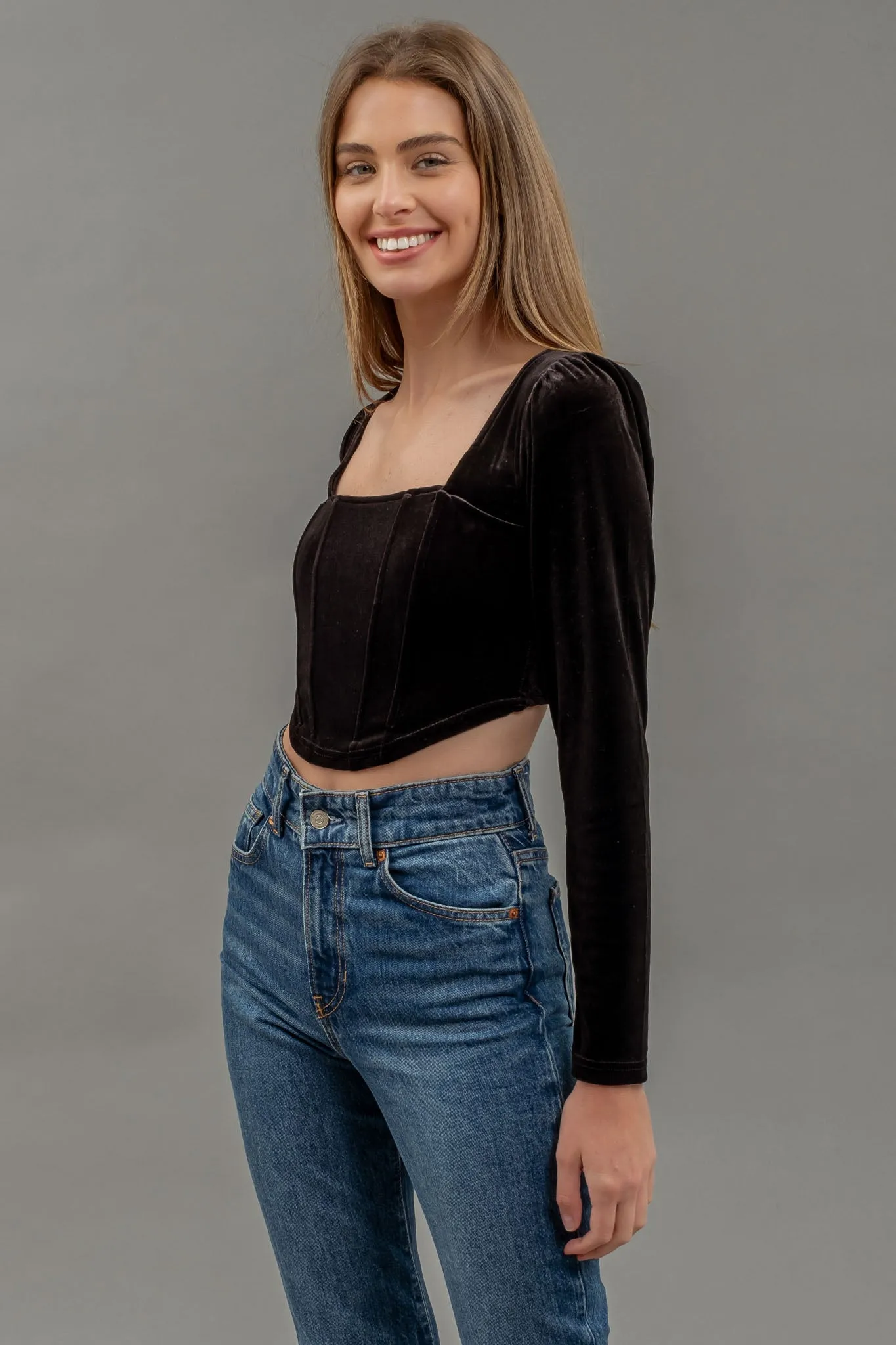 VELVET SQUARE NECK LONG SLEEVE CORSET CROP TOP
