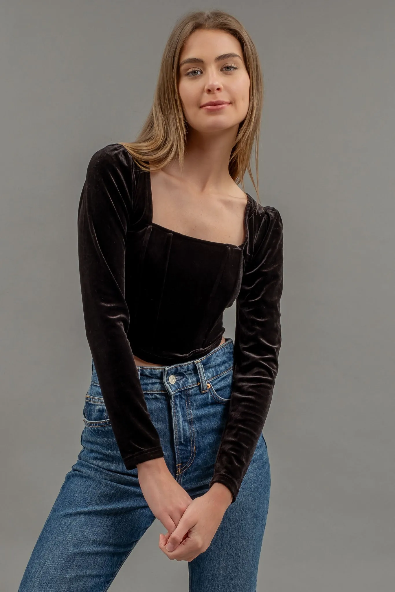 VELVET SQUARE NECK LONG SLEEVE CORSET CROP TOP