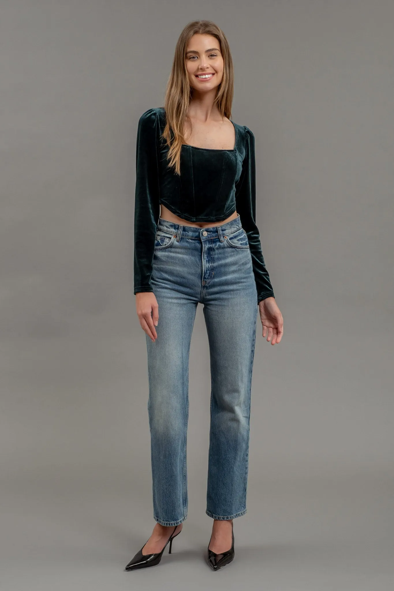 VELVET SQUARE NECK LONG SLEEVE CORSET CROP TOP