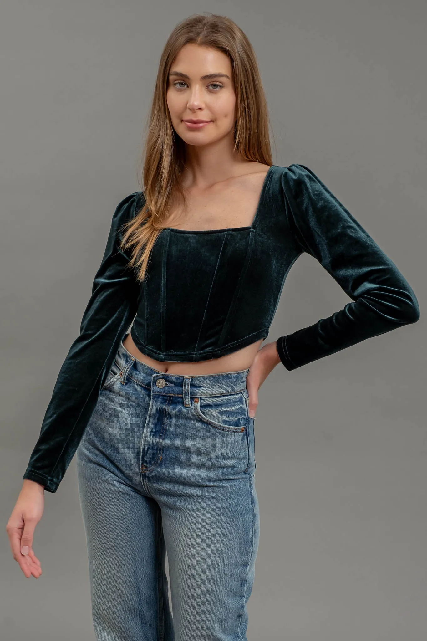 VELVET SQUARE NECK LONG SLEEVE CORSET CROP TOP