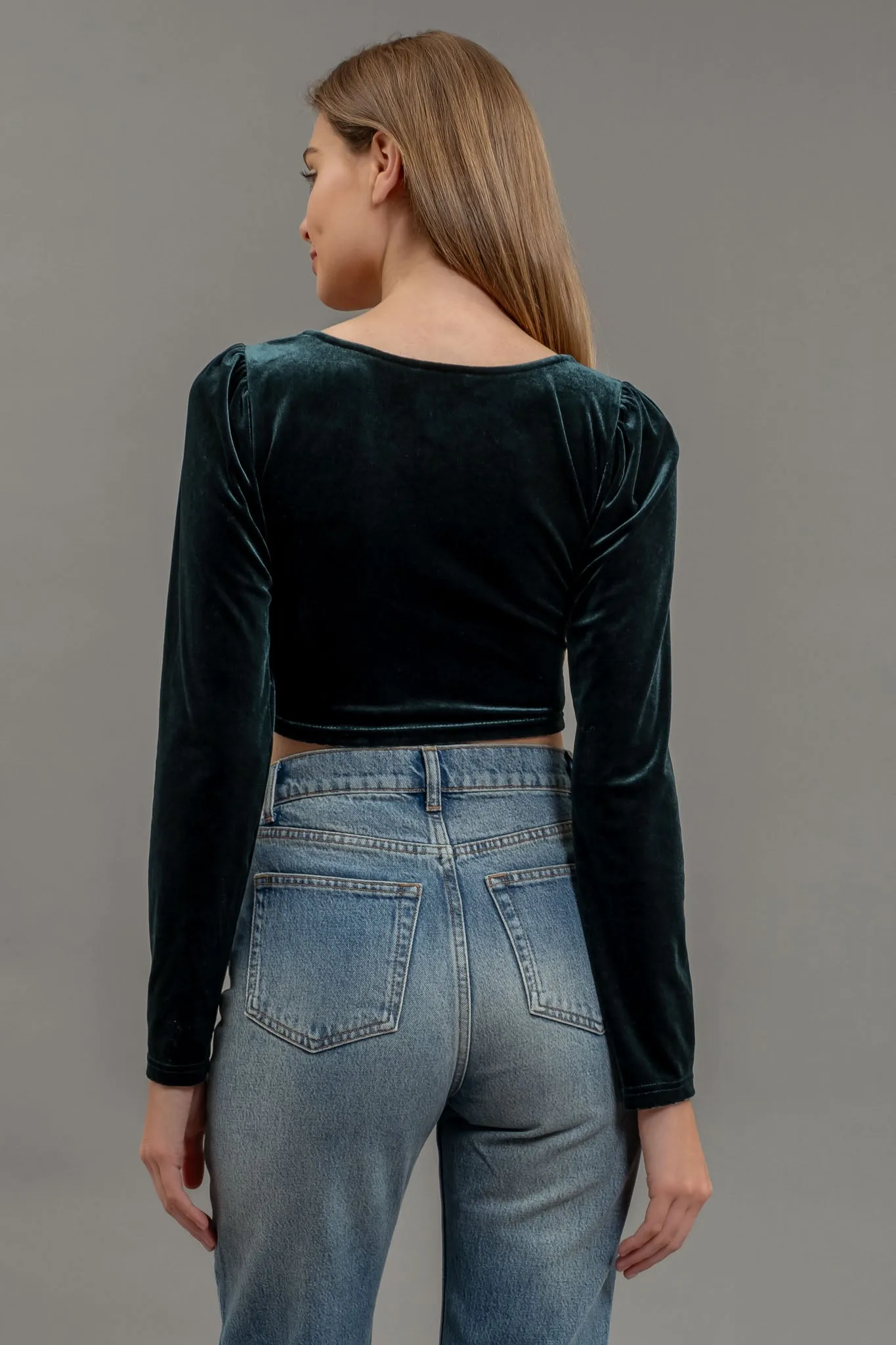VELVET SQUARE NECK LONG SLEEVE CORSET CROP TOP