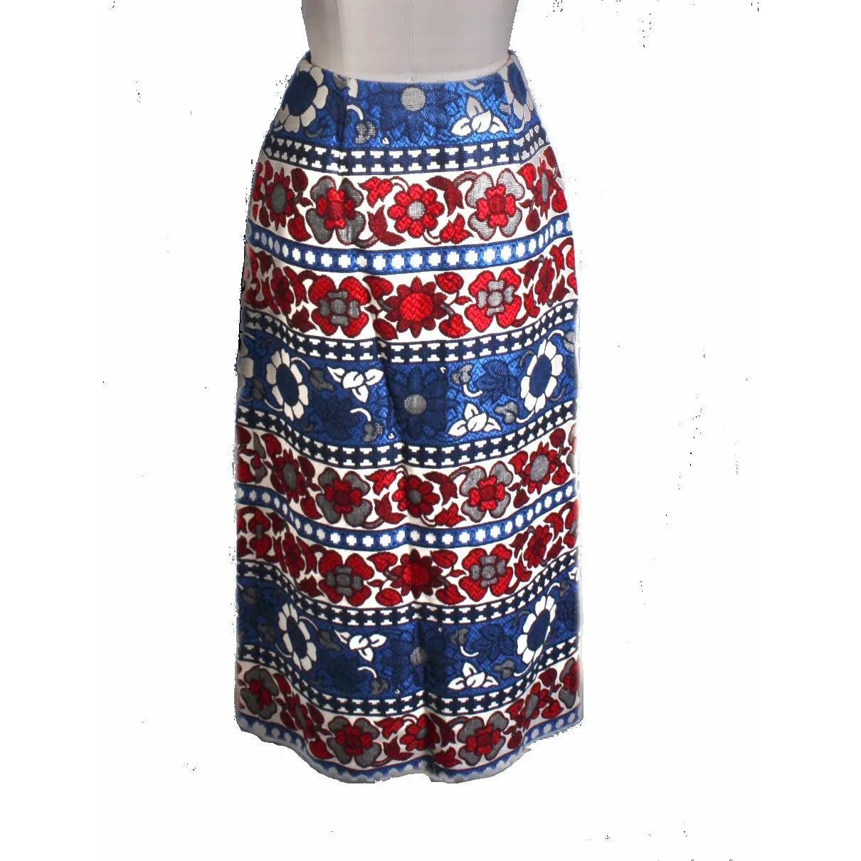Vintage Villager Maxi Skirt Brocade Red White Blue Floral Bold Women S 10 1970s