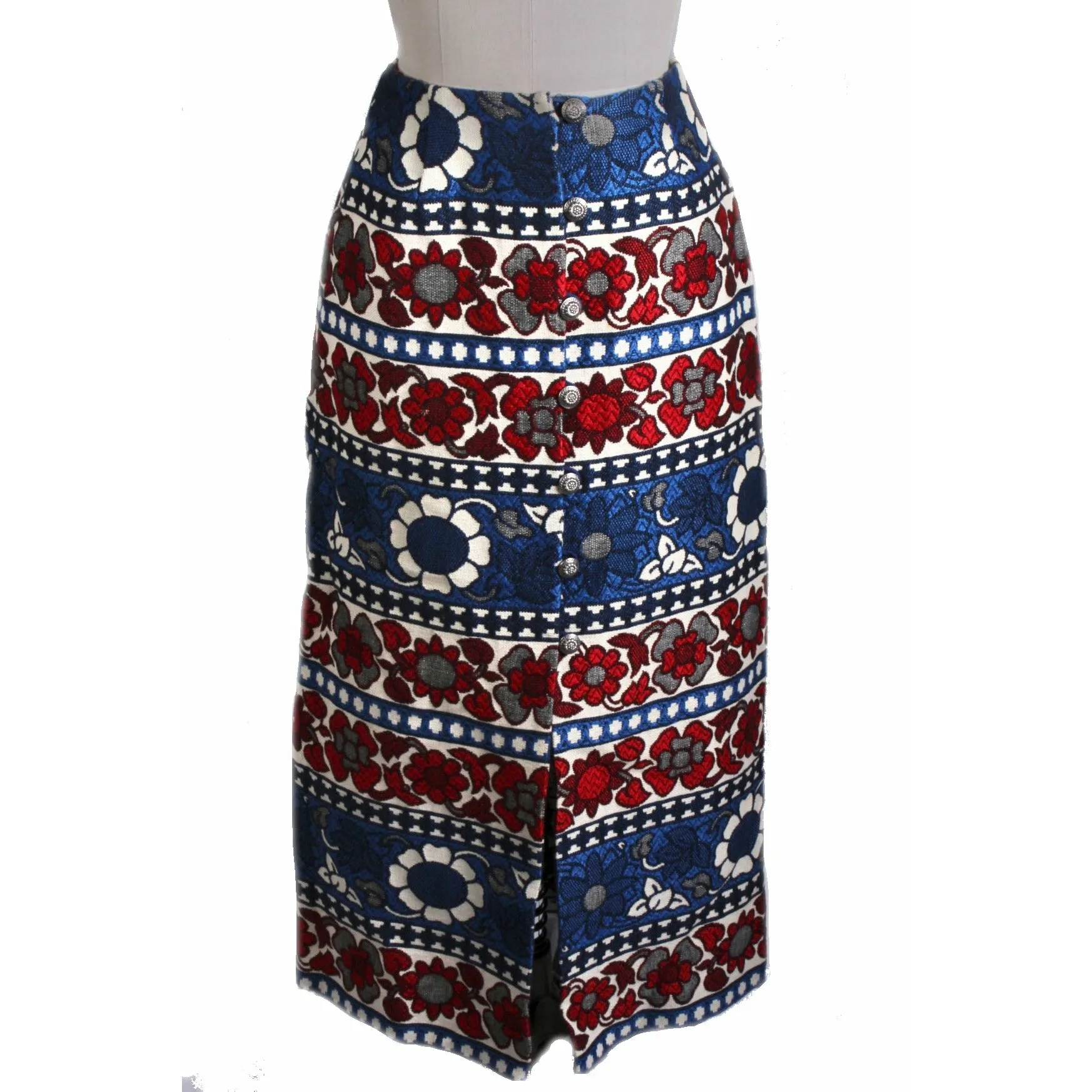 Vintage Villager Maxi Skirt Brocade Red White Blue Floral Bold Women S 10 1970s