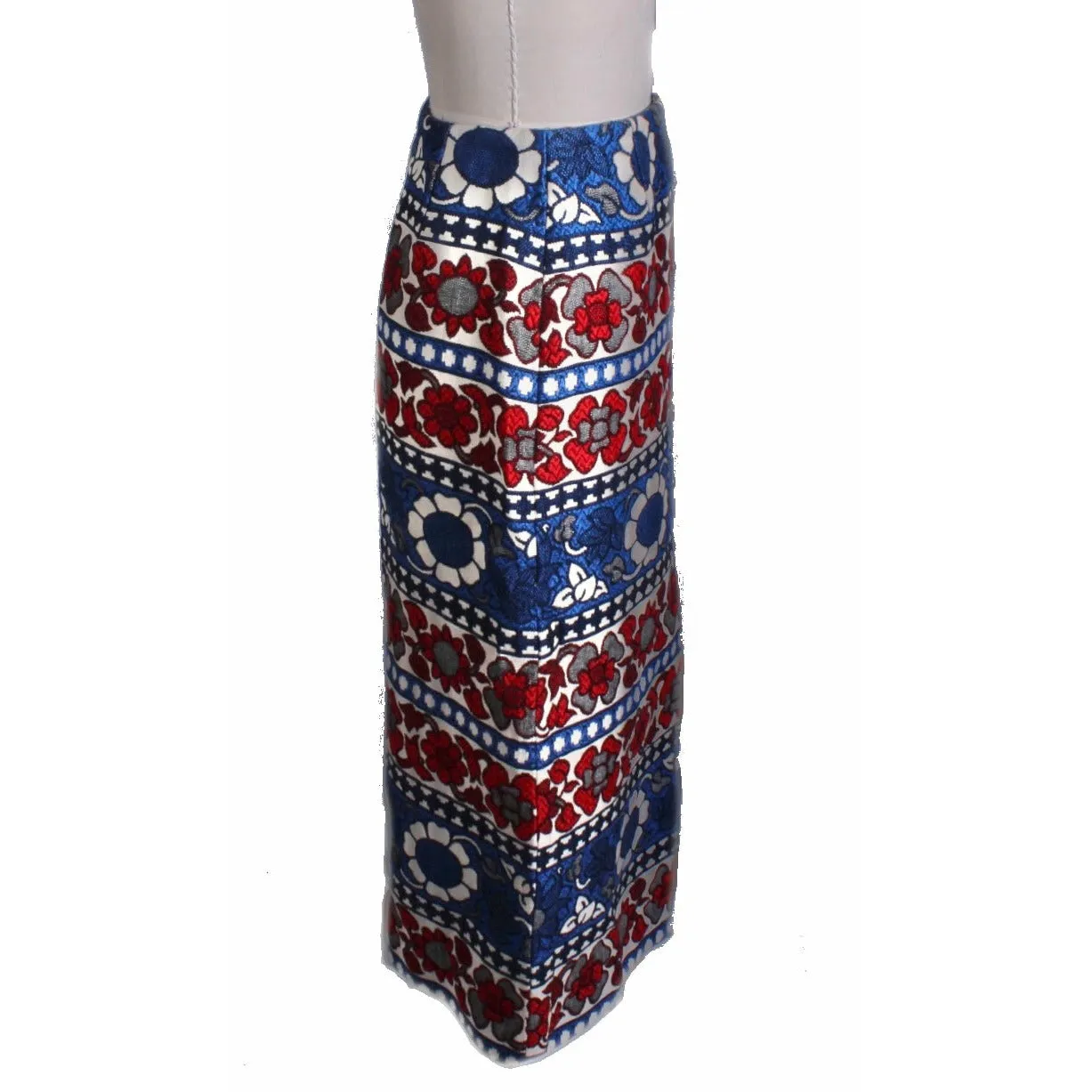 Vintage Villager Maxi Skirt Brocade Red White Blue Floral Bold Women S 10 1970s
