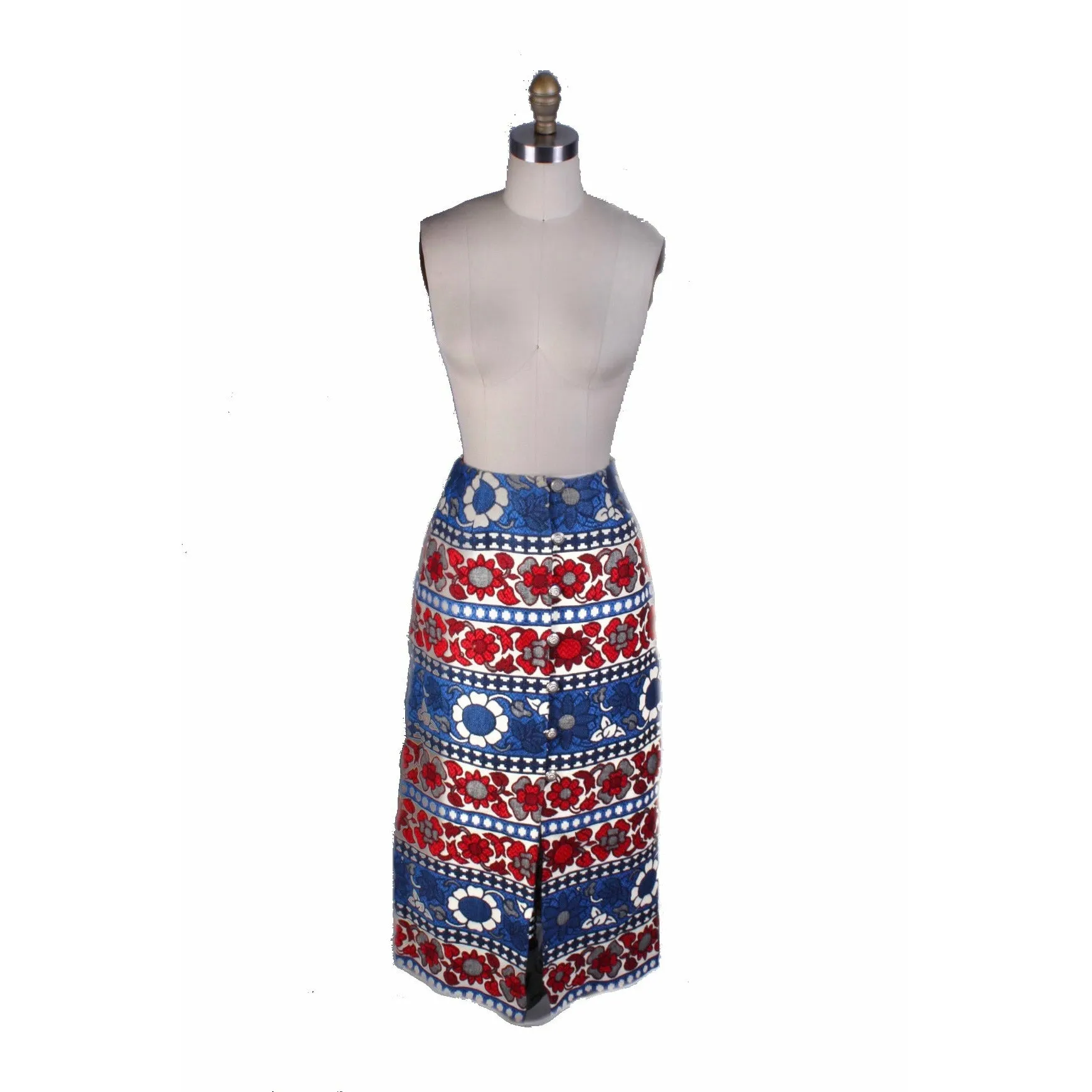 Vintage Villager Maxi Skirt Brocade Red White Blue Floral Bold Women S 10 1970s