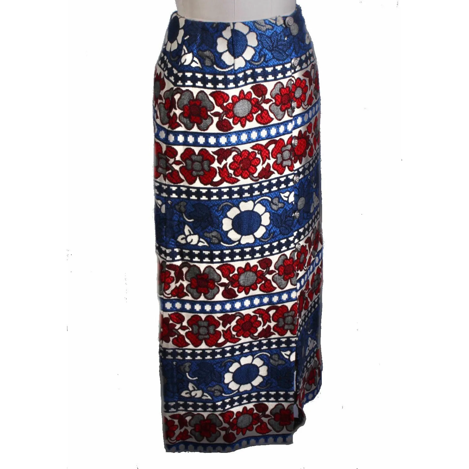 Vintage Villager Maxi Skirt Brocade Red White Blue Floral Bold Women S 10 1970s